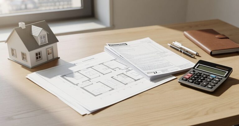 Bureau d'investisseur LMNP avec plans immobiliers et documents fiscaux pour calcul d'amortissement