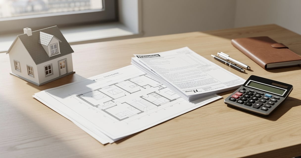 Bureau d'investisseur LMNP avec plans immobiliers et documents fiscaux pour calcul d'amortissement
