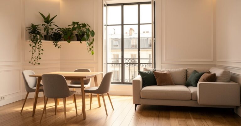 Salon meublé moderne dans un appartement parisien avec table en bois et grande fenêtre lumineuse