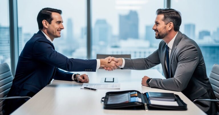 Poignée de main entre un banquier et un entrepreneur après signature d'un financement