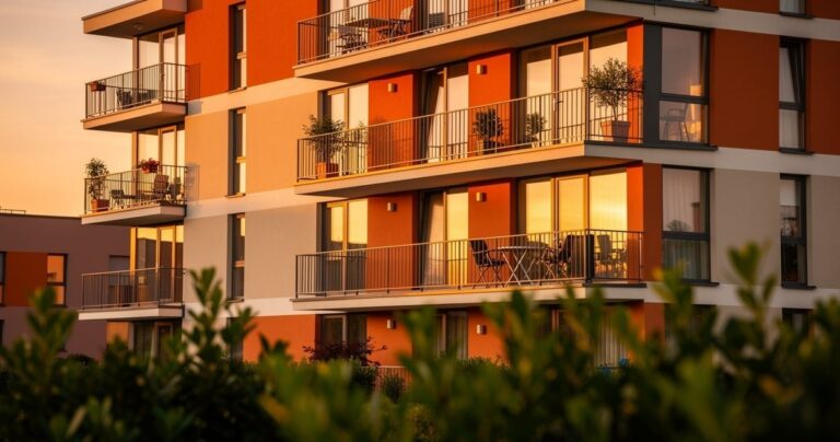 Immeuble résidentiel moderne pour investissement locatif au coucher du soleil