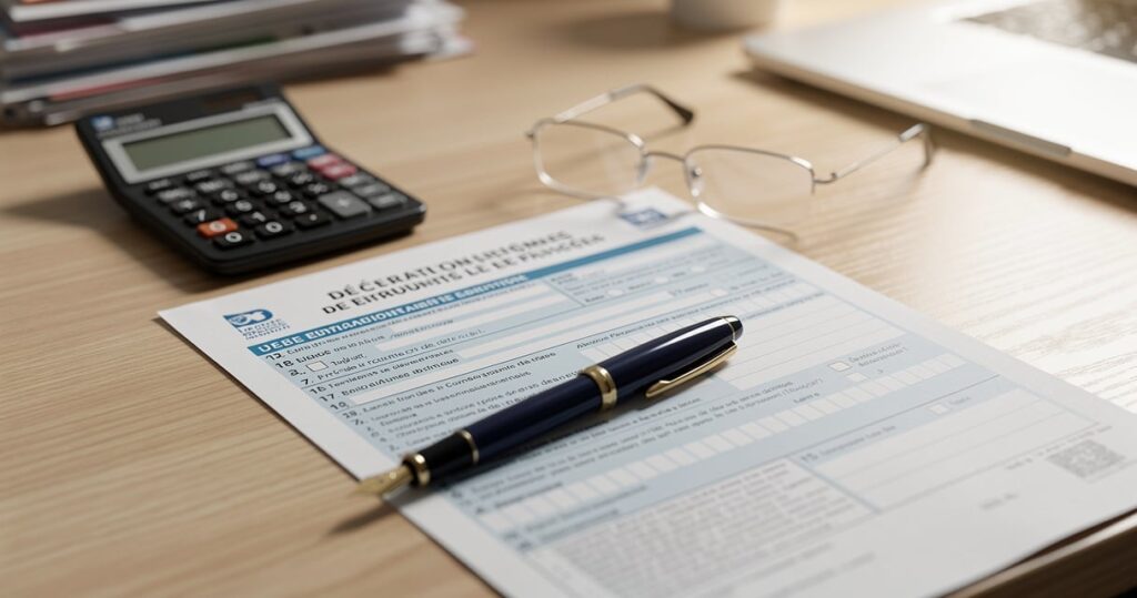 Formulaire de declaration fiscale LMNP sur un bureau avec calculatrice et stylo