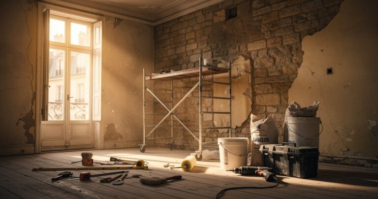 Appartement ancien en cours de rénovation avec murs en pierre et outils de chantier