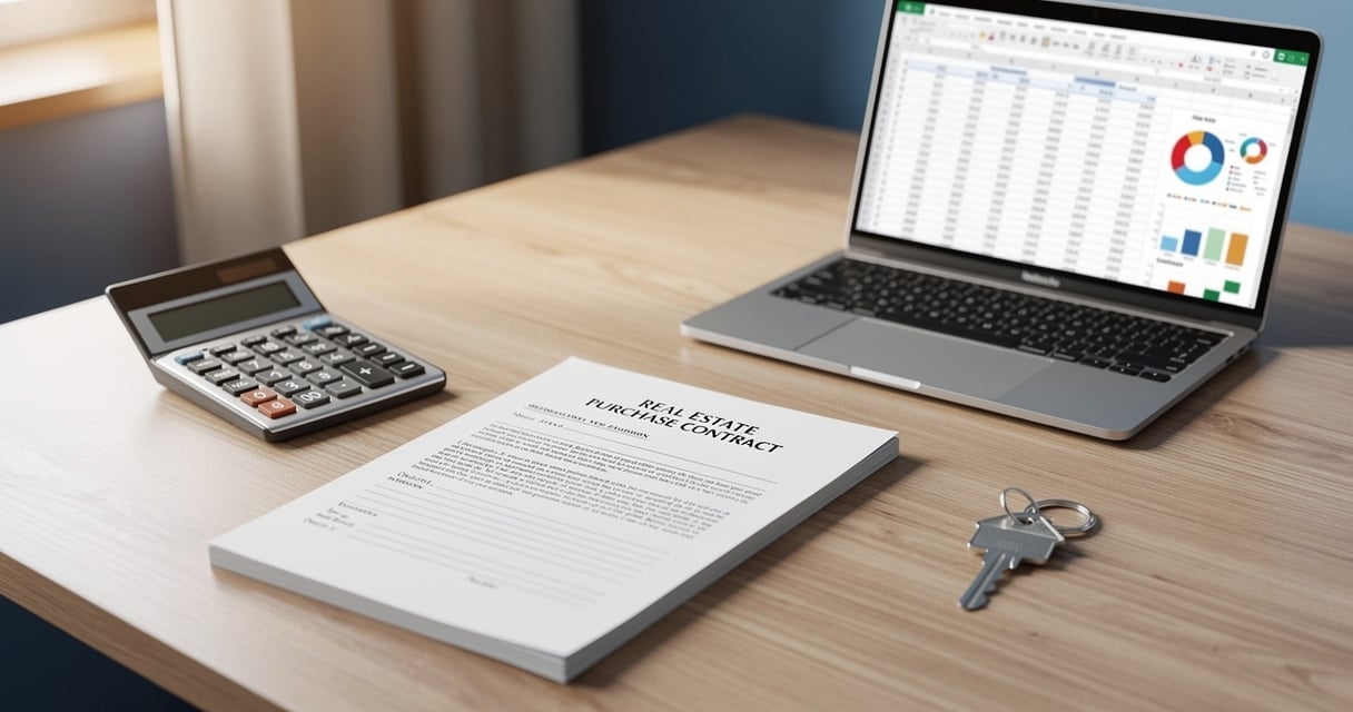 Bureau avec calculatrice, cles de maison et contrat de credit immobilier pour simuler un effet de levier