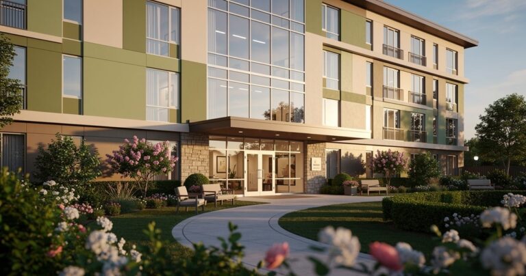 Bâtiment moderne de résidence services avec jardin et grandes baies vitrées