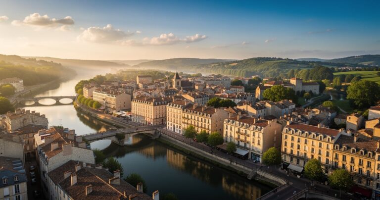 Vue aérienne d'une ville française attractive pour l'investissement immobilier locatif