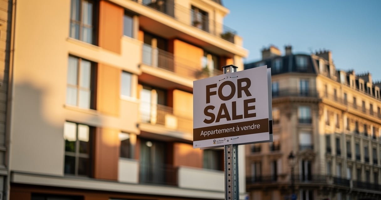 Immeuble parisien avec panneau À Vendre, illustration de la vente d un bien LMNP