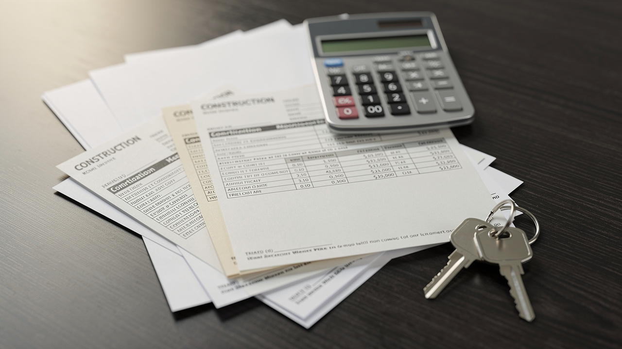 Vue rapprochée de documents financiers vierges, d’une calculatrice, de factures de travaux sans écriture visible et de clés d’appartement disposés sur un bureau en bois sombre.